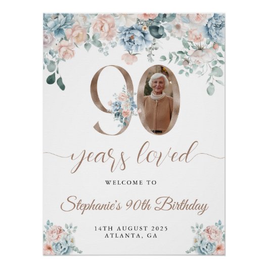 Poster Photo florale bleu et rose 90e anniversaire Bienve (Devant)