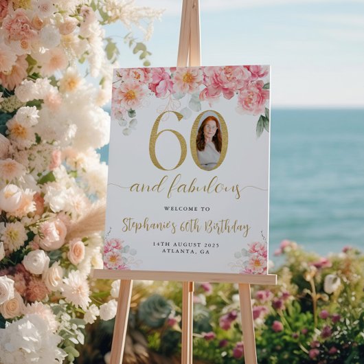 Poster Photo Florale rose et or 60e anniversaire Bienvenu