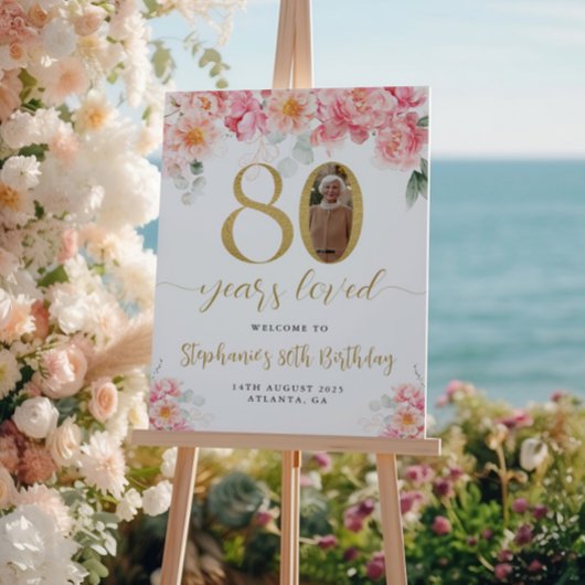 Poster Photo Florale rose et or 80e anniversaire Bienvenu