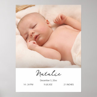 Poster Photo personnalisée Nom du bébé et détails de nais