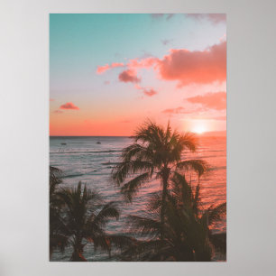Poster photo Pink Sunset Ocean Beach Palm