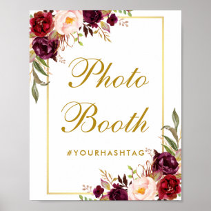 Poster Photobooth de mariage floral bordeaux or