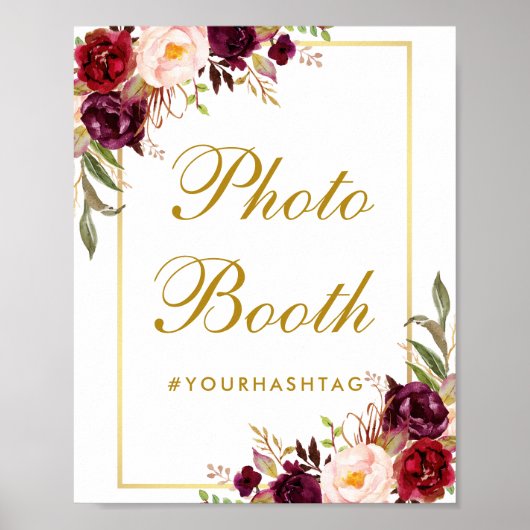 Poster Photobooth de mariage floral Bourgogne Or (Devant)