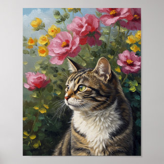 Poster Photoreal Cat & Flowers | Oil-Impressionist Art