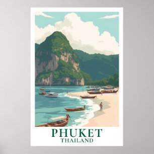 Poster Phuket Thaïlande Voyage Bateau Longtail Plage Vint