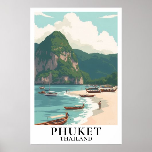 Poster Phuket Thaïlande Voyage Bateau Longtail Plage Vint (Devant)