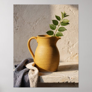 Poster Pichet en terre cuite ocre et nature morte de lin