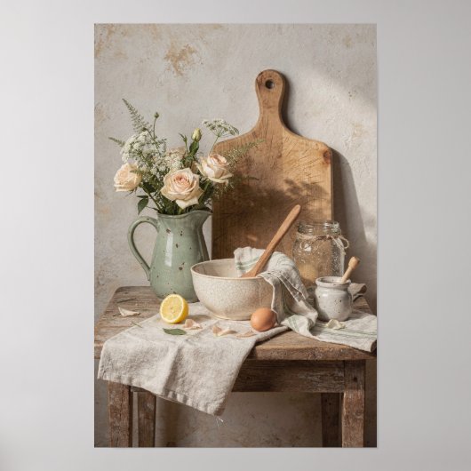 Poster Pichet vert pâle, roses et citron (Devant)