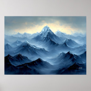 Poster Pics de montagnes bleues paisibles dans un style a