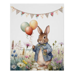 Poster Pierre le lapin bleu veste avec ballons