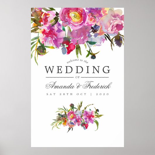 Poster Pies roses vintages Aquarelle Mariage Bienvenue (Devant)