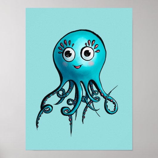 Poster Pieuvre Bleue Cute - Kawaii Cartoon Animaux de Mer (Devant)