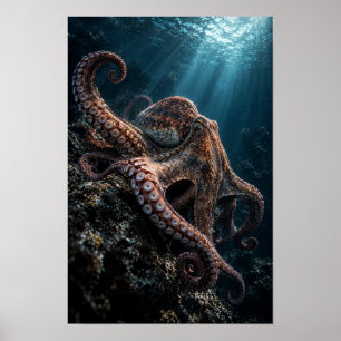 Poster Pieuvre sur récif rocheux dans l'océan bleu profon