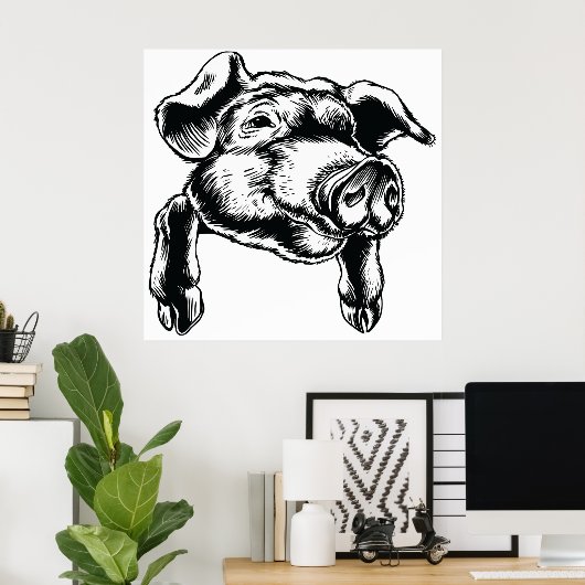 Poster Pig Head Farm Animal Drawing in Black White (Bureau à domicile)