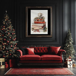 Poster Pile de livre de Noël Aquarelle Style Art