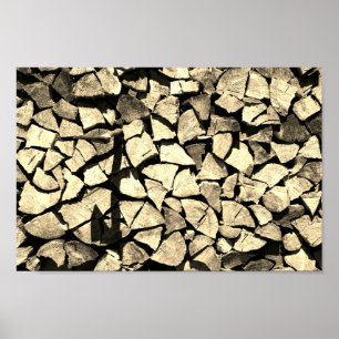 Poster pile of stacked firewood prepared for fireplace .