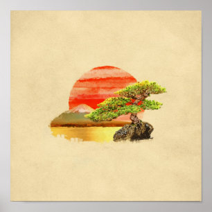 Poster Pin bonsai - Coucher de soleil Fuji en couleur
