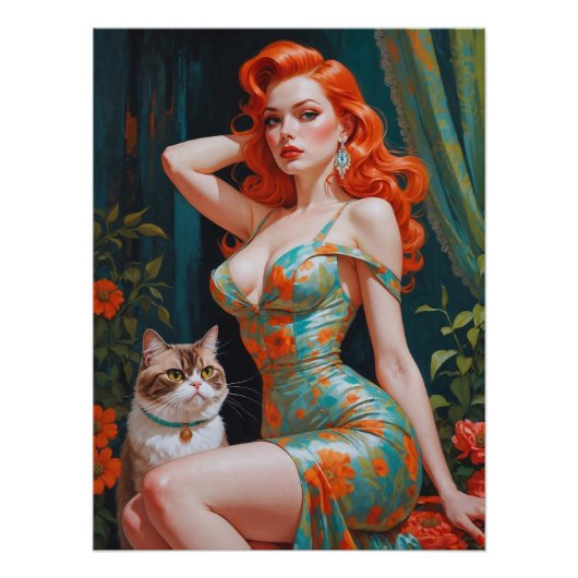 Poster Pin-up à tête rouge avec fleur de chat (Devant)