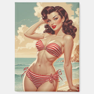 Poster Pin-Up Bruin Rood en Wit Bikini Magneet