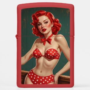 Poster Pin-Up met rood haar en gestippelde bikini