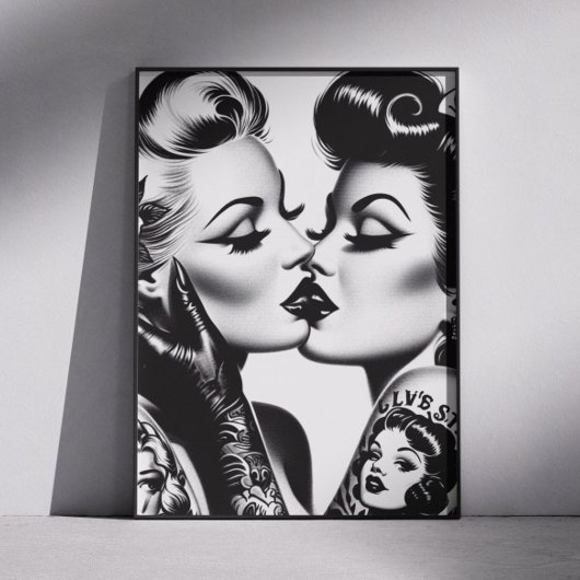 Poster Pin-ups s'embrassant rétro