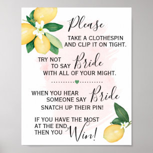 Poster Pince à linge Jeu de Baby Shower Citrons Rose