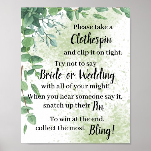 Poster Pince à linge Signe de jeu de douche à l'eucalyptu (Devant)