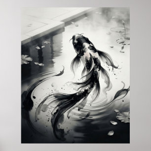Poster Pinceau Koi encre Étang