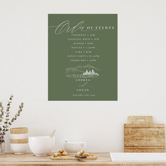 Poster Pine Tree Rustic Mountains Mariage Ordre des événe (Cuisine)