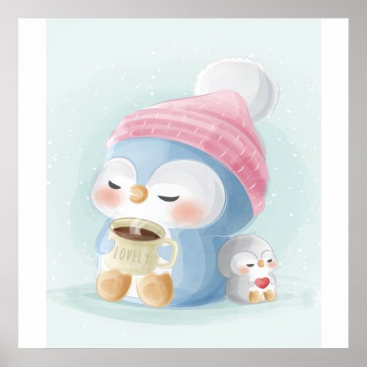 Poster Pingouin de dessin| Pingouin mignon avec neige (Devant)