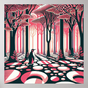 Poster Pingouin rose foncé Nostalgie géométrique Arbre fo