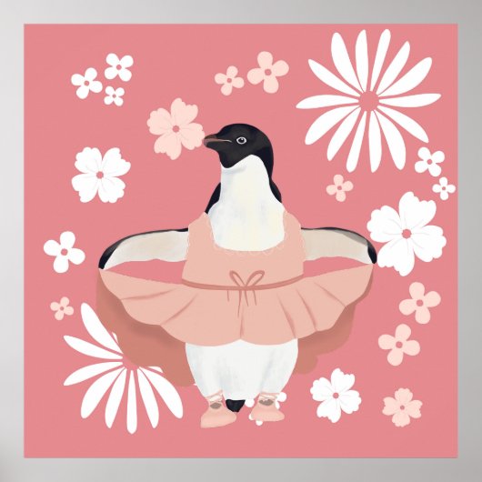 Poster Pingouin Whimsical Ballerina Avec Fleurs Roses (Devant)