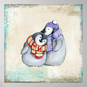 Poster Pingouins mignons en Écharpe d'hiver et Casquette