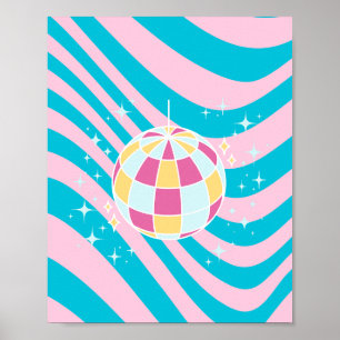Poster Pink and Blue Disco Ball, Party Art, Preppy, année