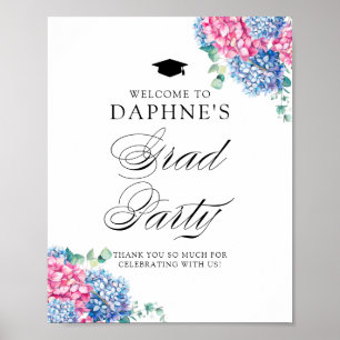 Poster Pink and Blue Hydrangeas Graduation Party Welcome