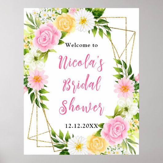 Poster Pink and Yellow Flower Bridal Shower Welcome (Devant)