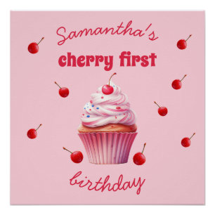 Poster Pink Baby First Cherry & Cupcake Anniversaire