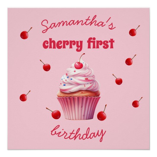 Poster Pink Baby First Cherry & Cupcake Anniversaire (Devant)