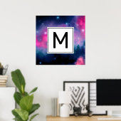 Poster Pink & Blue Galaxy & Stars Abstract Monogram (Bureau à domicile)