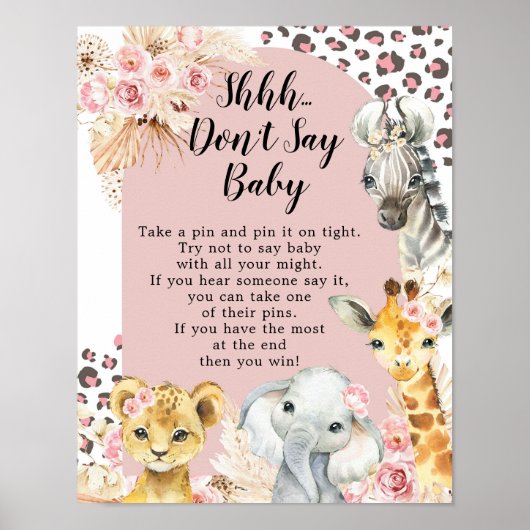 Poster Pink Boho Safari Party Animaux Fille Ne pas dire b (Devant)