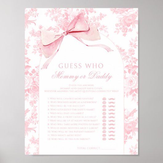 Poster Pink Bow Baby shower Jeu Devinez Qui Maman Papa (Devant)