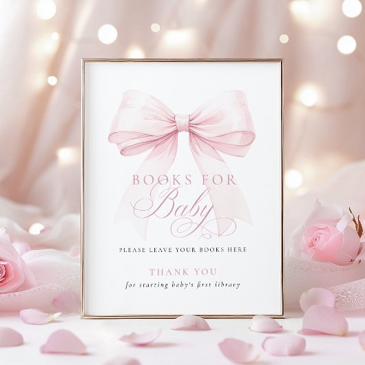 Poster Pink Bow Books for Baby Shower Sign