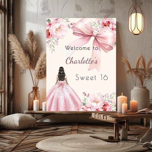 Poster Pink bow crème florales robe Sweet 16 bienvenue