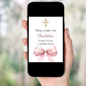 Poster Pink bow First Holy Communion welcome