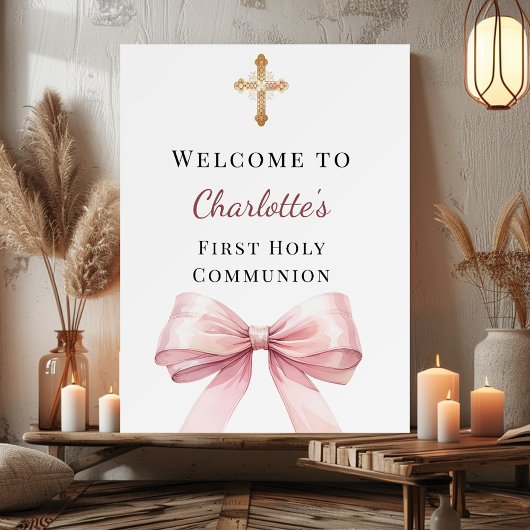 Poster Pink bow First Holy Communion welcome