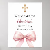 Poster Pink bow First Holy Communion welcome (Devant)