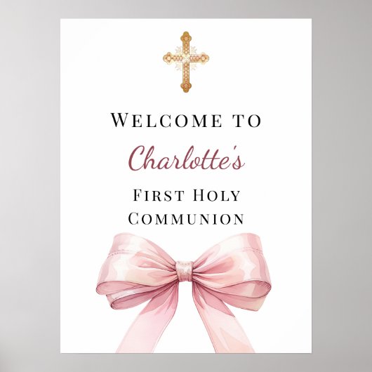 Poster Pink bow First Holy Communion welcome (Devant)