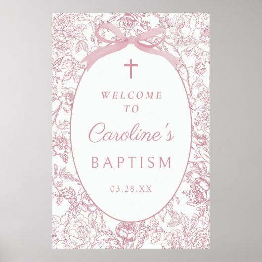 Poster Pink Bow Floral Chinoiserie Baptism Welcome Sign (Devant)