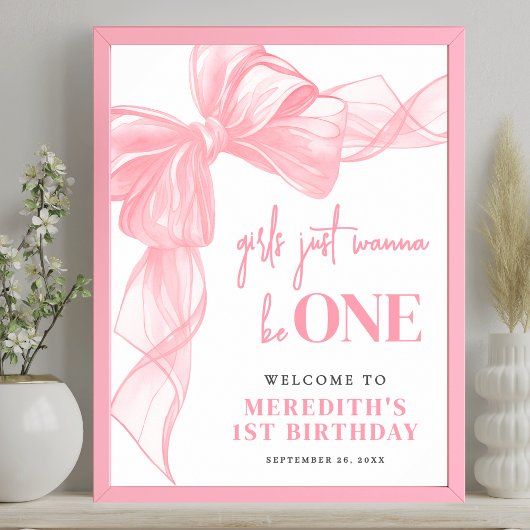 Poster Pink Bow Girls 1st Birthday Welcome Sign
