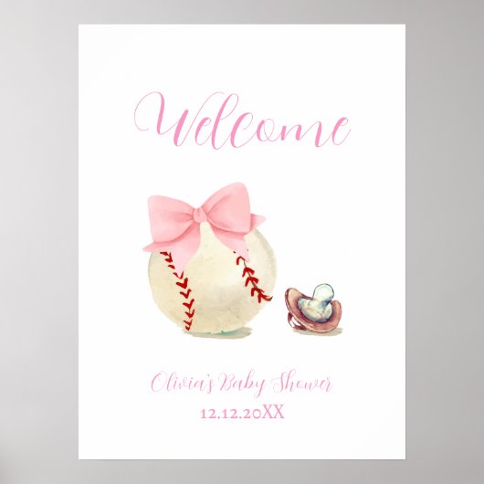 Poster Pink Bow Pacifier Baseball Baby Shower Welcome (Devant)